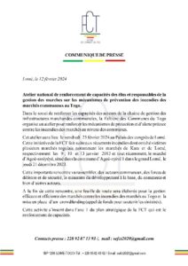 Le 23 février 2024, le palais de congrès de Lomé accueillera un atelier national de renforcement des capacités des élus et des responsables de la gestion des marchés sur les mécanismes de prévention des incendies des marchés communaux au Togo