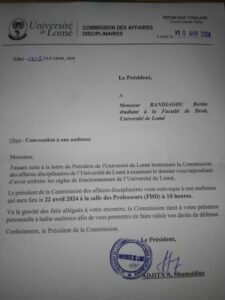 La lettre a conduit le  président de l’université de Lomé  à la convocation de l’étudiant devant la commission des affaires disciplinaires