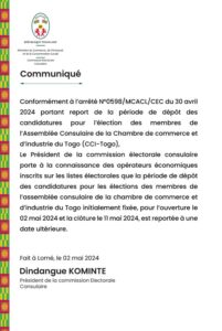 Le Président de la Commission électorale consulaire a annoncé aujourd’hui un changement important dans le calendrier électoral de la CCI-Togo