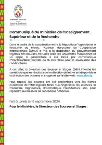 La coopération Togo-Maroc se renforce : 117 étudiants togolais bénéficient de bourses pour poursuivre leurs études au Maroc.
