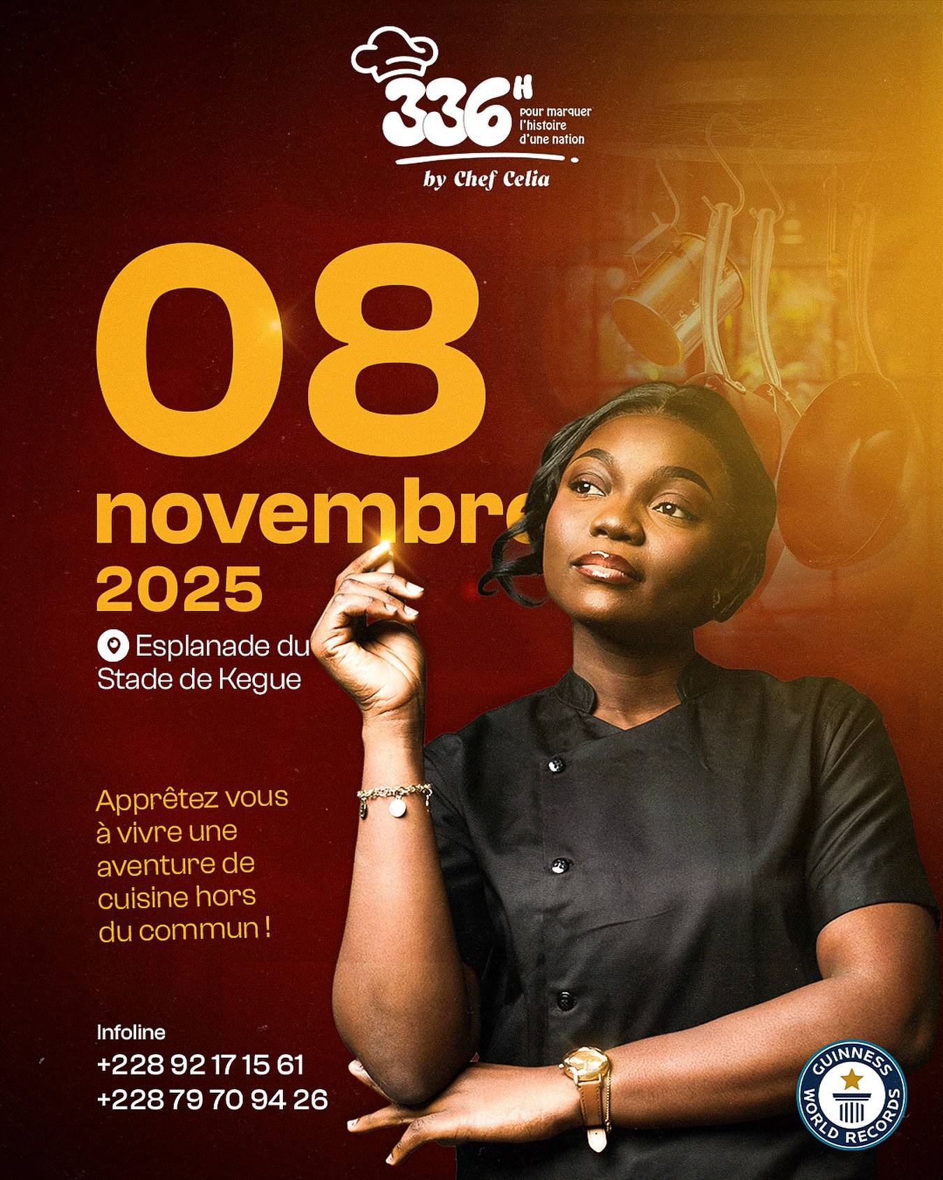 La cheffe Celia Awoussi lance son marathon culinaire au Togo ! Elle vise 336 heures de cuisine non-stop pour le Record Guinness, dépassant le précédent exploit.